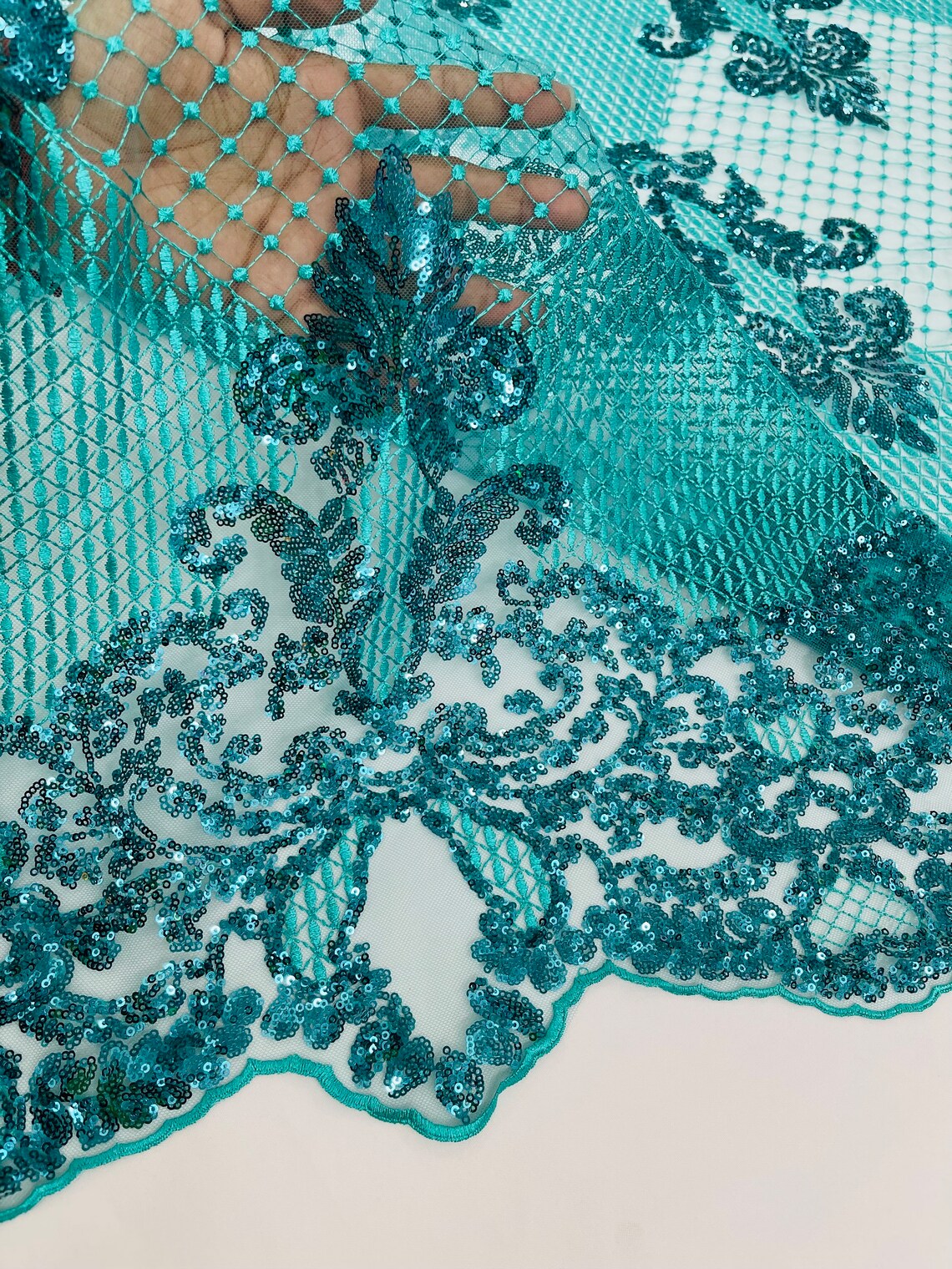 King Damask Design Fabric - Jade - Embroidered Corded Mesh Lace Fabric with Sequins By Yard