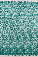 Corded Sequin Floral Fabric - Jade Green - Embroidery Design With Sequins on a Mesh Lace Fabric Sold By Yard