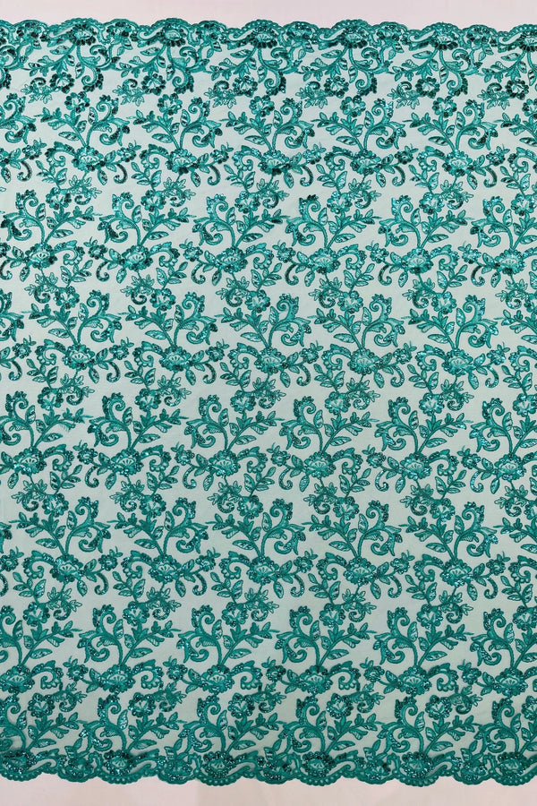 Corded Sequin Floral Fabric - Jade Green - Embroidery Design With Sequins on a Mesh Lace Fabric Sold By Yard