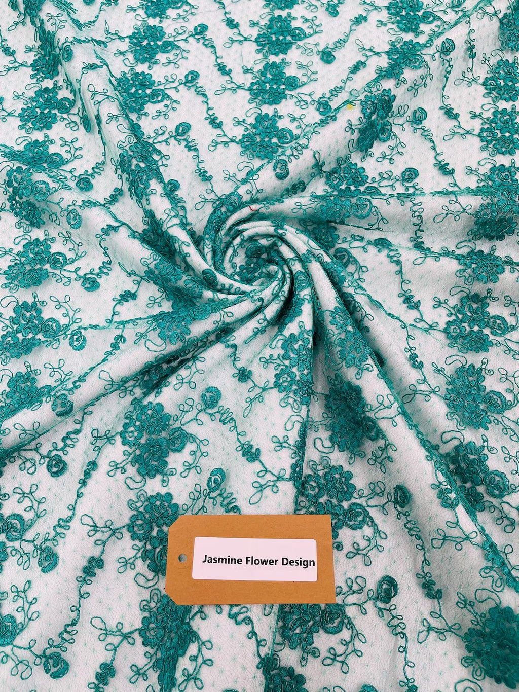 Embroidered Flower Fabric - Jade - Floral Design Scalloped Border Fabric By Yard