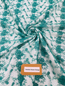 Embroidered Flower Fabric - Jade - Floral Design Scalloped Border Fabric By Yard