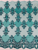 King Damask Design Fabric - Jade - Embroidered Corded Mesh Lace Fabric with Sequins By Yard