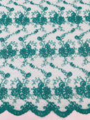 Embroidered Flower Fabric - Jade - Floral Design Scalloped Border Fabric By Yard