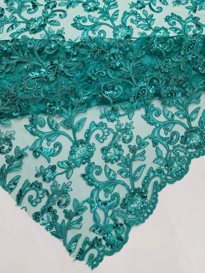 Corded Sequin Floral Fabric - Jade Green - Embroidery Design With Sequins on a Mesh Lace Fabric Sold By Yard