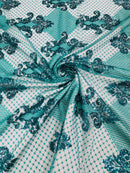 King Damask Design Fabric - Jade - Embroidered Corded Mesh Lace Fabric with Sequins By Yard