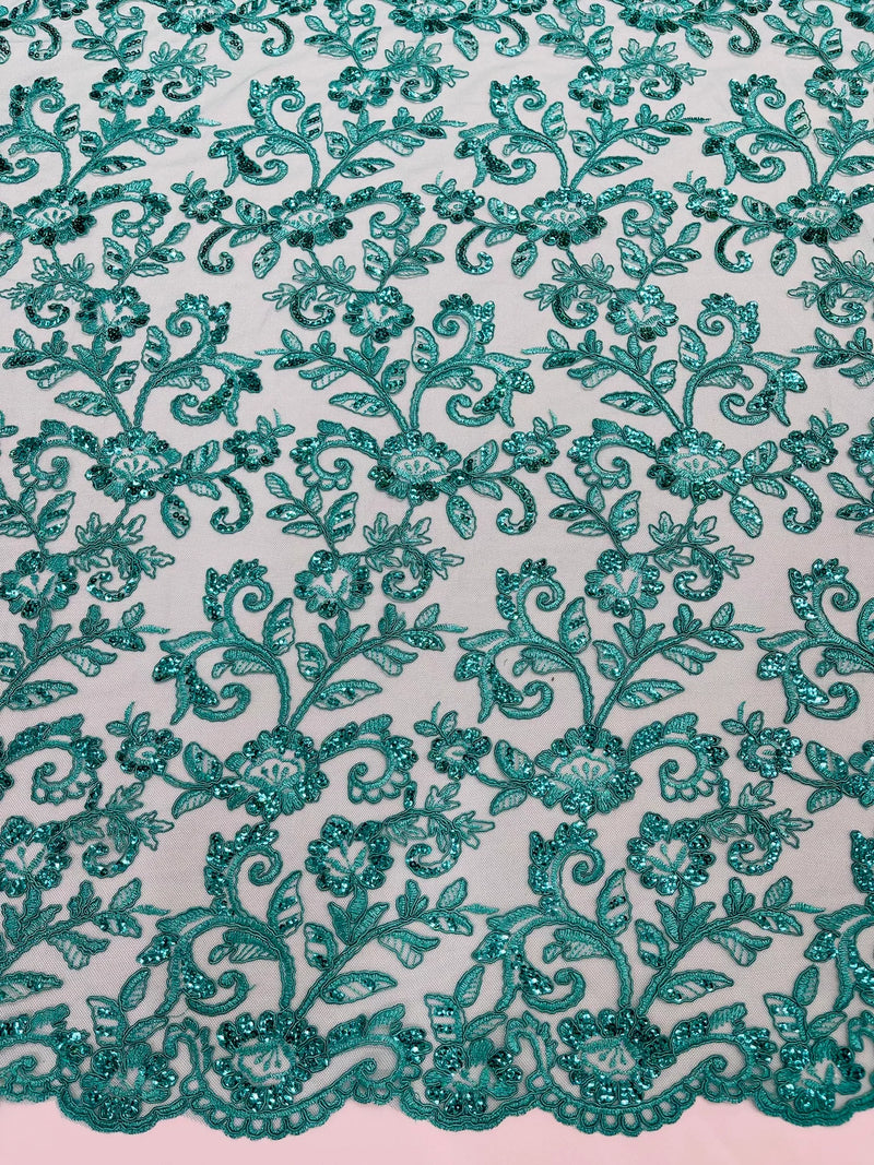 Corded Sequin Floral Fabric - Jade Green - Embroidery Design With Sequins on a Mesh Lace Fabric Sold By Yard