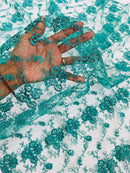 Embroidered Flower Fabric - Jade - Floral Design Scalloped Border Fabric By Yard