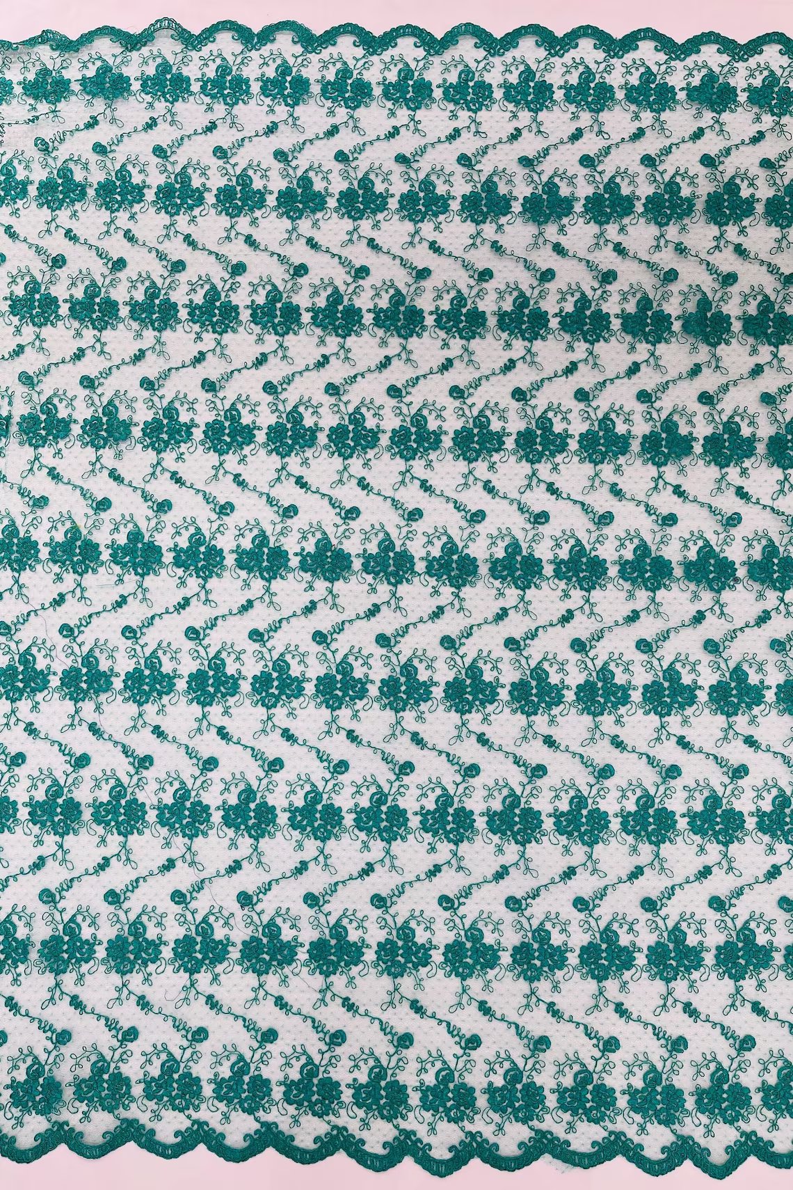 Embroidered Flower Fabric - Jade - Floral Design Scalloped Border Fabric By Yard