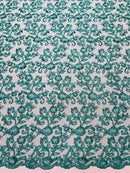 Corded Sequin Floral Fabric - Jade Green - Embroidery Design With Sequins on a Mesh Lace Fabric Sold By Yard