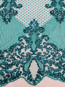 King Damask Design Fabric - Jade - Embroidered Corded Mesh Lace Fabric with Sequins By Yard