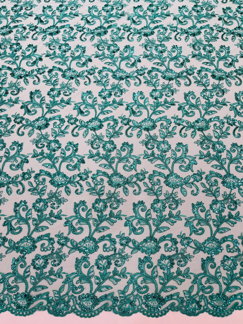 Corded Sequin Floral Fabric - Jade Green - Embroidery Design With Sequins on a Mesh Lace Fabric Sold By Yard