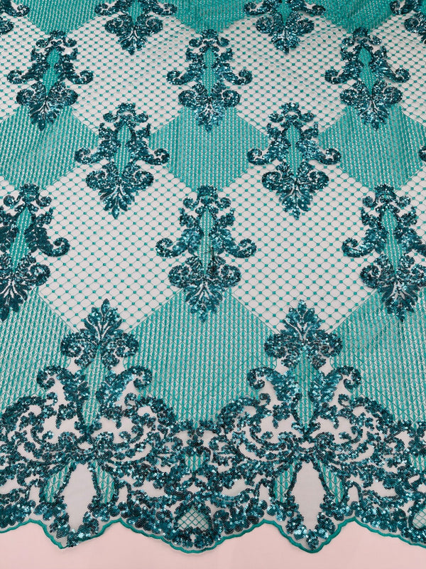 King Damask Design Fabric - Jade - Embroidered Corded Mesh Lace Fabric with Sequins By Yard