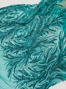 Leaf Design Stretch Sequins - Jade Green - 4 Way Stretch Lace Mesh Sequins Fabric by Yard