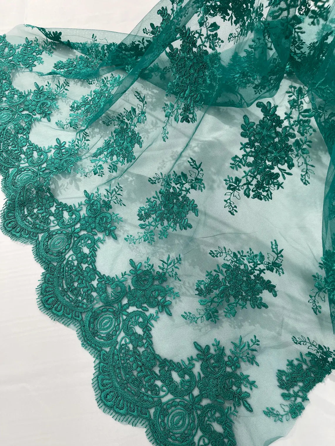 Floral Damask Lace Fabric - Jade Green - Embroidered Damask Flowers on Lace Fabric By Yard