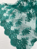 Floral Damask Lace Fabric - Jade Green - Embroidered Damask Flowers on Lace Fabric By Yard