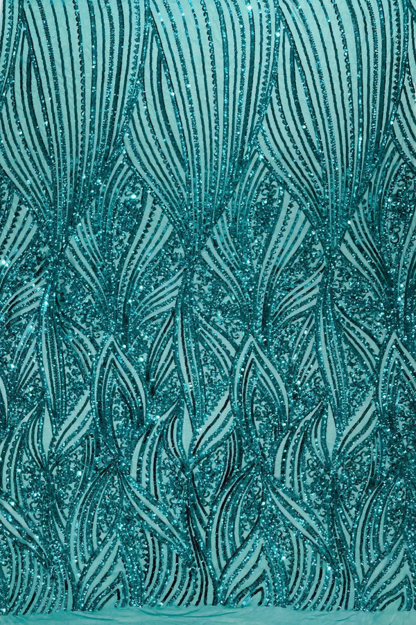 Curvy Line Design Fabric - Jade Green - 4 Way Stretch Sequins Design Mesh Lace Fabric by Yard