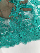 Corded Floral 3D Fabric - Jade Green - Embroidered Floral Design on Lace Mesh Fabric by Yard