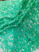Sword Large Shiny Sequins - Jade Green - Hanging Iridescent Sequins On Lace Fabric By Yard