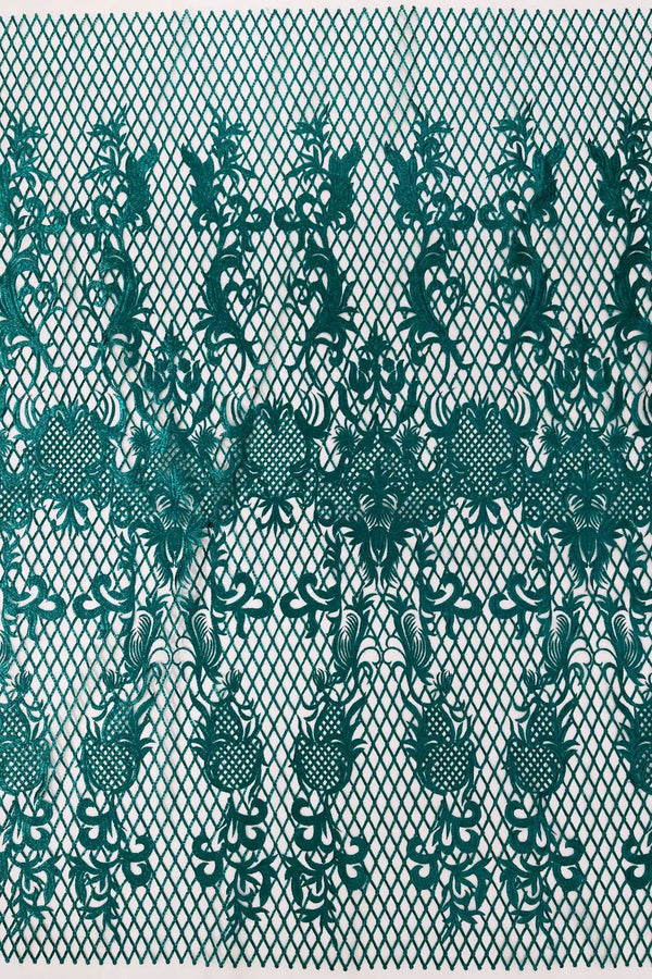 Damask on Net Lace Fabric - Jade Green - Embroidered Lace Mesh Damask Design Fabric by Yard