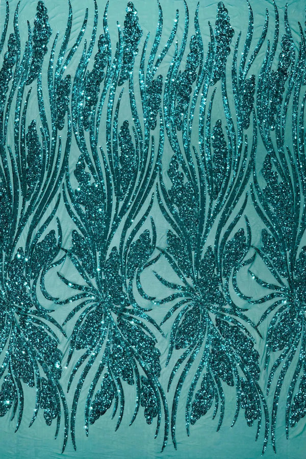 Wavy Leaf Sequins Fabric - Jade Green - Wavy Lines and Leaves Design on Lace Mesh Fabric by Yard