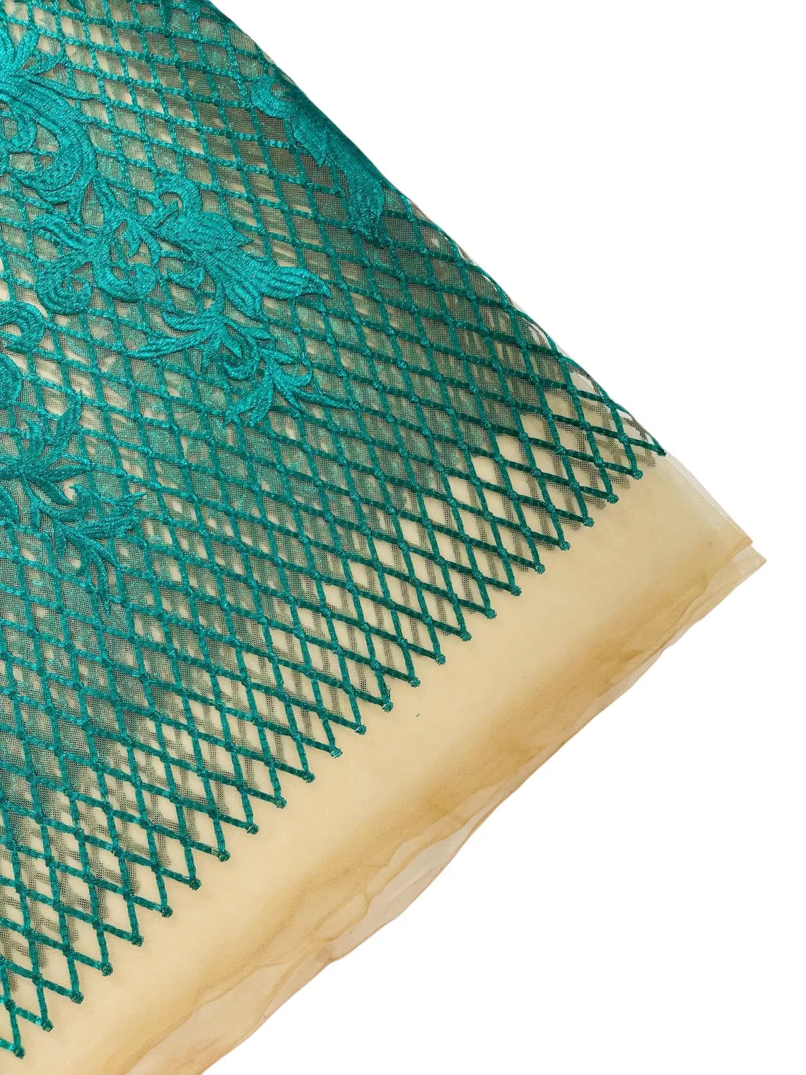 Damask on Net Lace Fabric - Jade Green - Embroidered Lace Mesh Damask Design Fabric by Yard