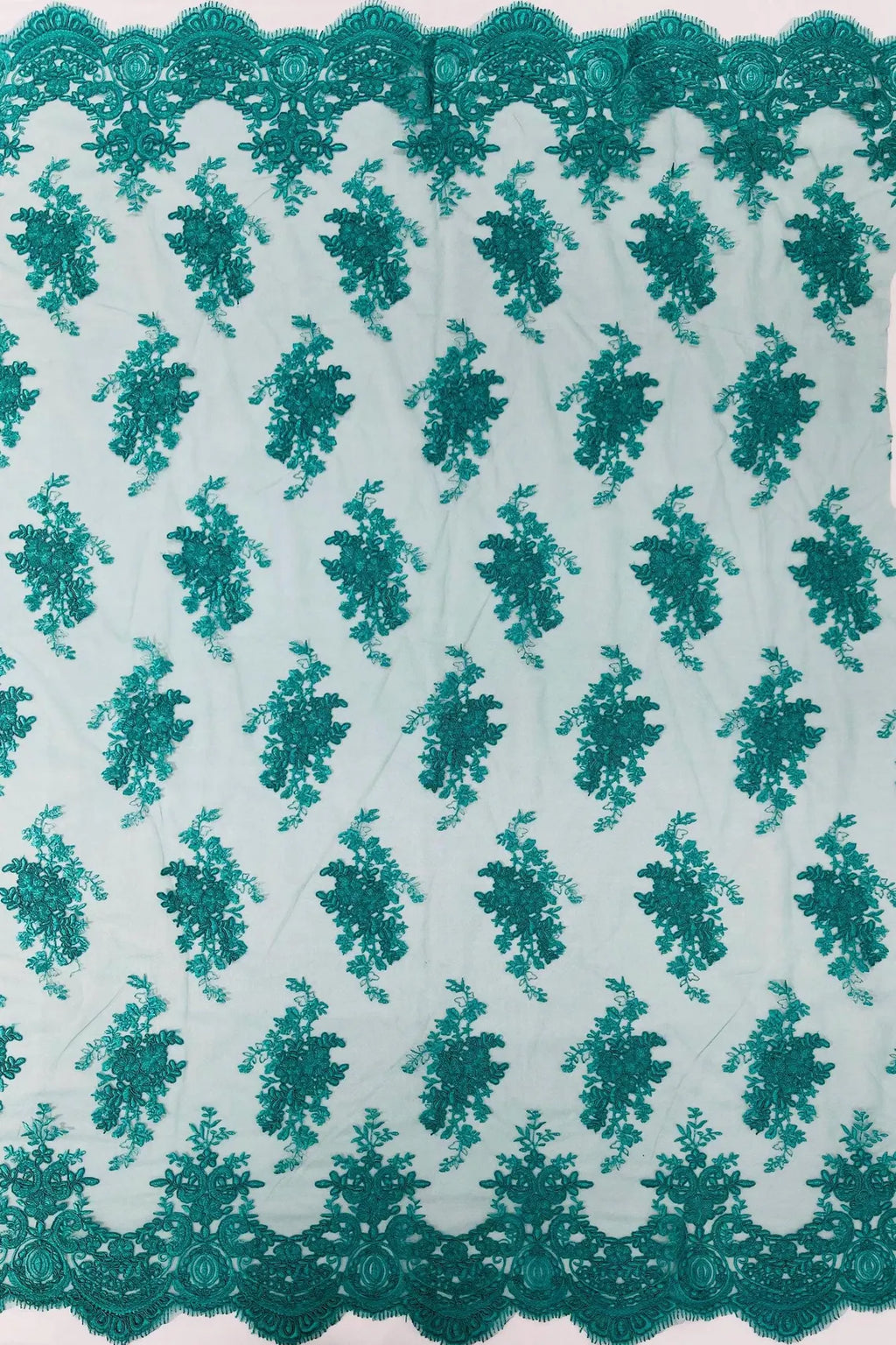 Floral Damask Lace Fabric - Jade Green - Embroidered Damask Flowers on Lace Fabric By Yard
