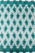 Floral Damask Lace Fabric - Jade Green - Embroidered Damask Flowers on Lace Fabric By Yard