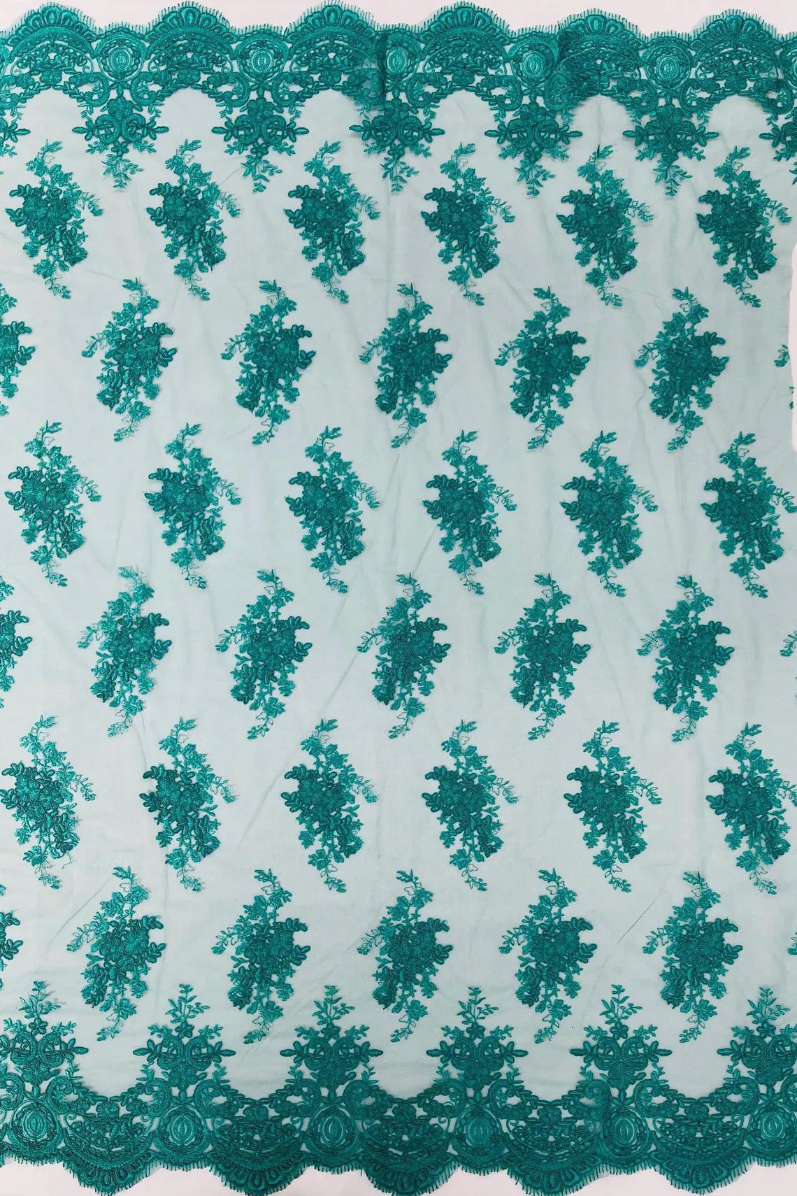 Floral Damask Lace Fabric - Jade Green - Embroidered Damask Flowers on Lace Fabric By Yard