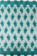 Floral Damask Lace Fabric - Jade Green - Embroidered Damask Flowers on Lace Fabric By Yard
