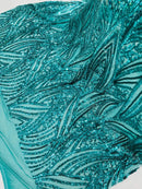 Curvy Line Design Fabric - Jade Green - 4 Way Stretch Sequins Design Mesh Lace Fabric by Yard