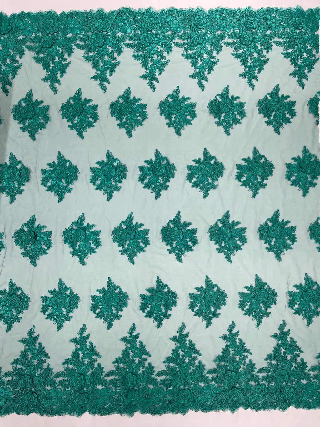 Corded Floral 3D Fabric - Jade Green - Embroidered Floral Design on Lace Mesh Fabric by Yard