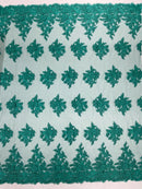 Corded Floral 3D Fabric - Jade Green - Embroidered Floral Design on Lace Mesh Fabric by Yard