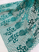 Damask on Net Lace Fabric - Jade Green - Embroidered Lace Mesh Damask Design Fabric by Yard