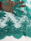 Floral Damask Lace Fabric - Jade Green - Embroidered Damask Flowers on Lace Fabric By Yard