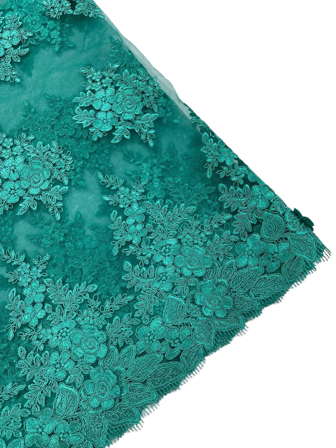 Corded Floral 3D Fabric - Jade Green - Embroidered Floral Design on Lace Mesh Fabric by Yard