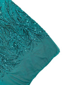 Leaf Design Stretch Sequins - Jade Green - 4 Way Stretch Lace Mesh Sequins Fabric by Yard