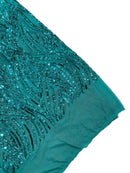 Curvy Line Design Fabric - Jade Green - 4 Way Stretch Sequins Design Mesh Lace Fabric by Yard