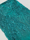 Wavy Leaf Sequins Fabric - Jade Green - Wavy Lines and Leaves Design on Lace Mesh Fabric by Yard