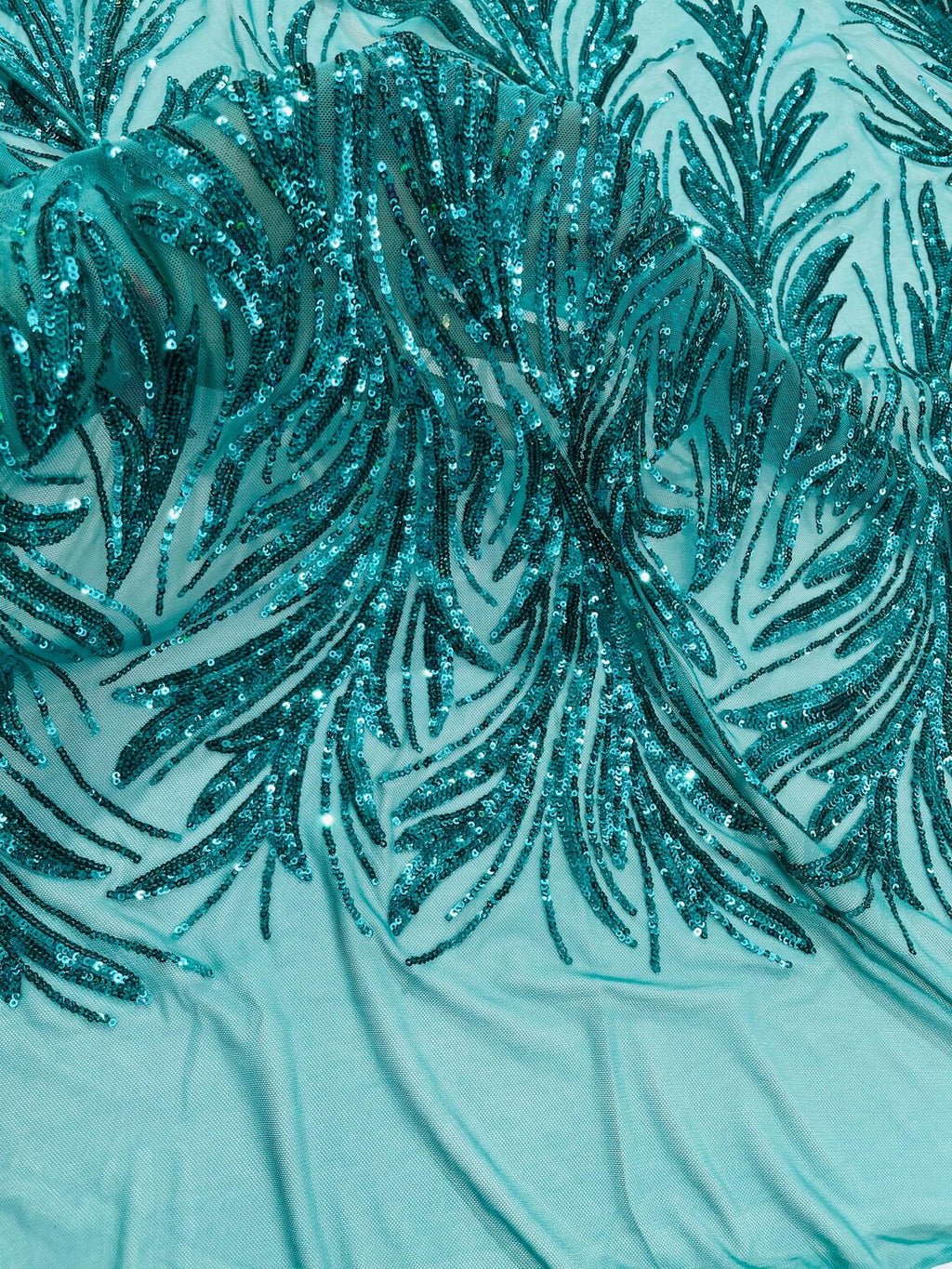 Leaf Design Stretch Sequins - Jade Green - 4 Way Stretch Lace Mesh Sequins Fabric by Yard