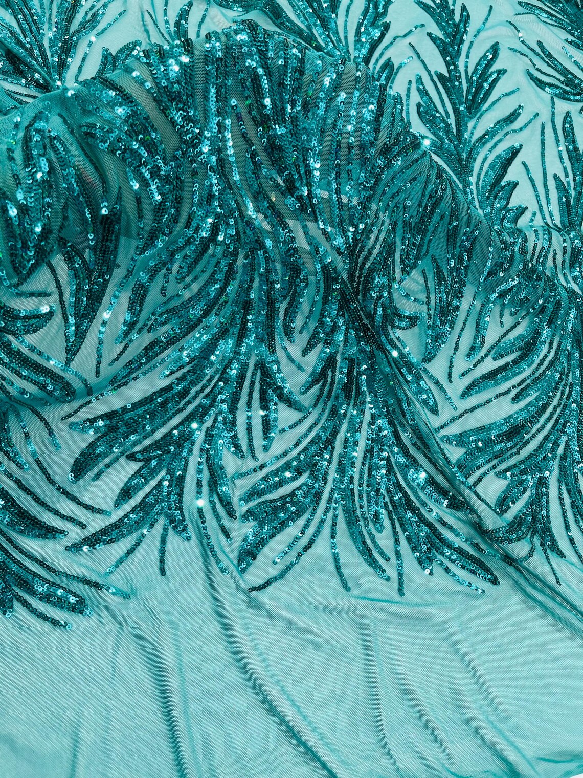 Leaf Design Stretch Sequins - Jade Green - 4 Way Stretch Lace Mesh Sequins Fabric by Yard