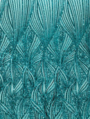 Curvy Line Design Fabric - Jade Green - 4 Way Stretch Sequins Design Mesh Lace Fabric by Yard
