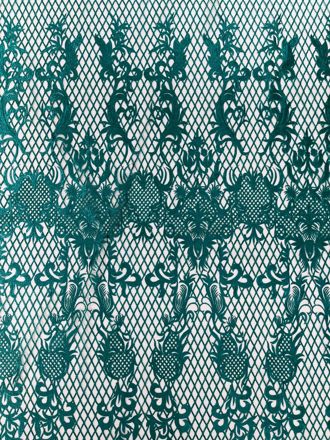 Damask on Net Lace Fabric - Jade Green - Embroidered Lace Mesh Damask Design Fabric by Yard
