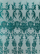 Damask on Net Lace Fabric - Jade Green - Embroidered Lace Mesh Damask Design Fabric by Yard