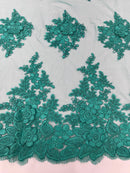 Corded Floral 3D Fabric - Jade Green - Embroidered Floral Design on Lace Mesh Fabric by Yard