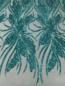 Wavy Leaf Sequins Fabric - Jade Green - Wavy Lines and Leaves Design on Lace Mesh Fabric by Yard