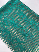 Damask on Net Lace Fabric - Jade Green - Embroidered Lace Mesh Damask Design Fabric by Yard