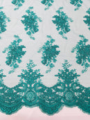 Floral Damask Lace Fabric - Jade Green - Embroidered Damask Flowers on Lace Fabric By Yard