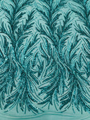 Leaf Design Stretch Sequins - Jade Green - 4 Way Stretch Lace Mesh Sequins Fabric by Yard