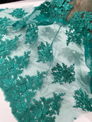 Corded Floral 3D Fabric - Jade Green - Embroidered Floral Design on Lace Mesh Fabric by Yard
