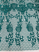 Damask on Net Lace Fabric - Jade Green - Embroidered Lace Mesh Damask Design Fabric by Yard